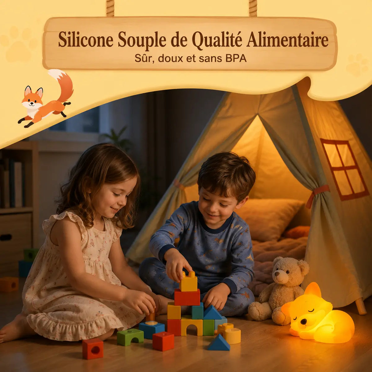 Veilleuse Renard Silicone Tactile - Câlin | Cocon de Lune