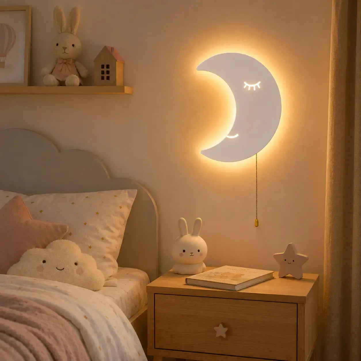 Cumulus - veilleuse murale lune installée au-dessus d'une table de chevet dans une chambre d'enfant - Cocon de Lune