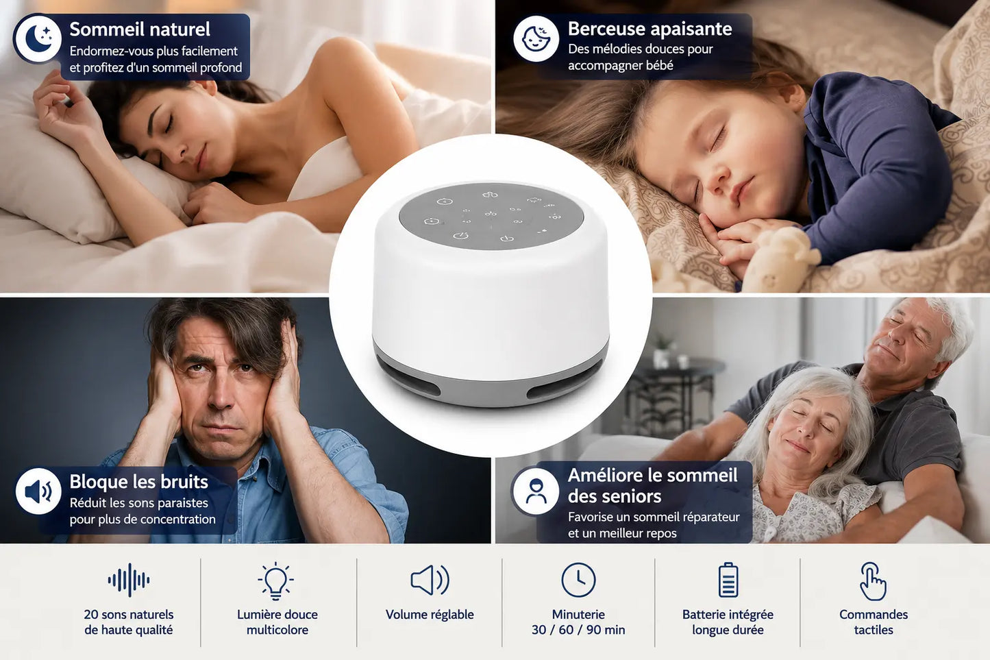 SoundDream - machine à sons et veilleuse : sommeil naturel, berceuse pour bébé, réduction des bruits, sommeil des seniors - Cocon de Lune