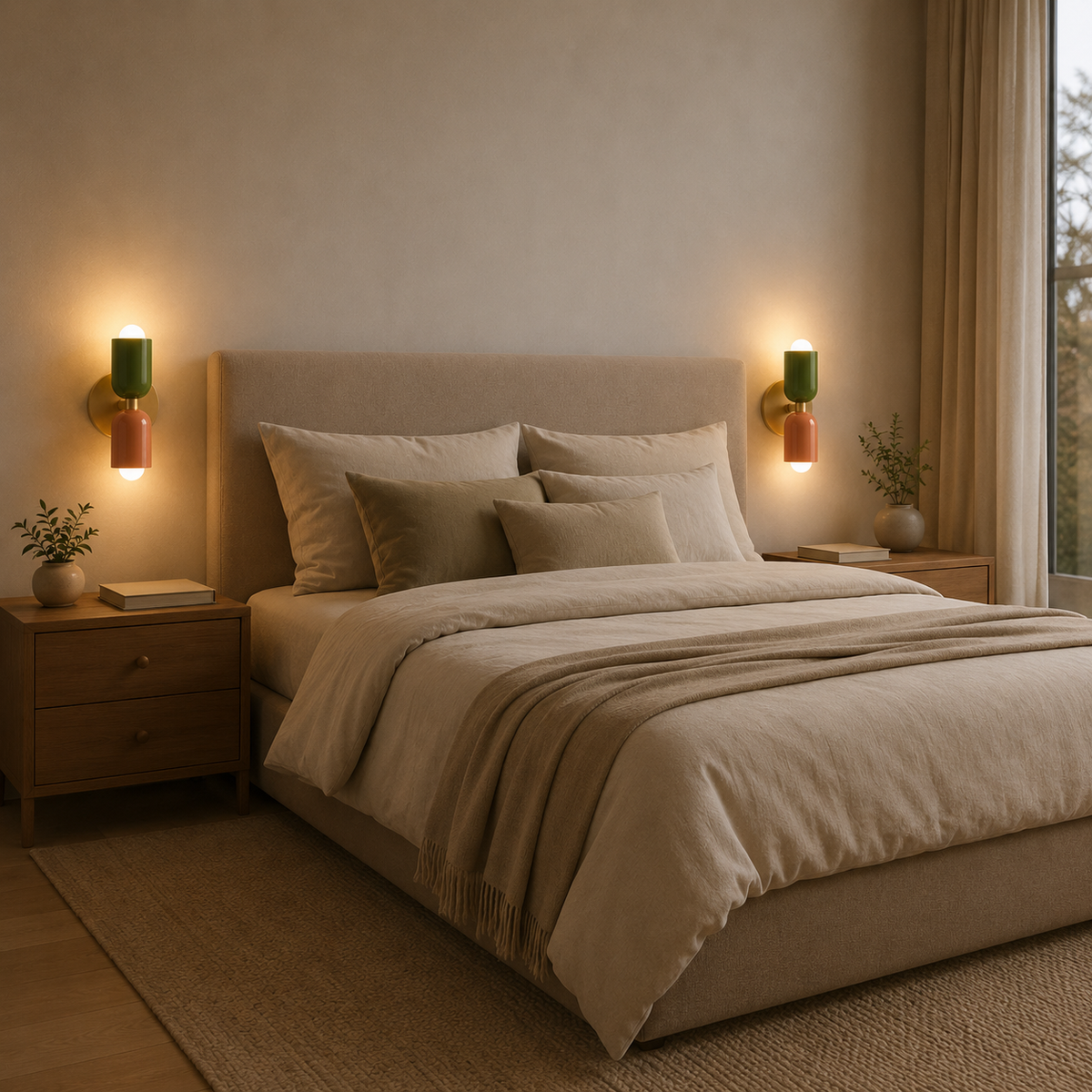 Deux appliques ArkaWall vert et rose installees de part et d autre d un lit