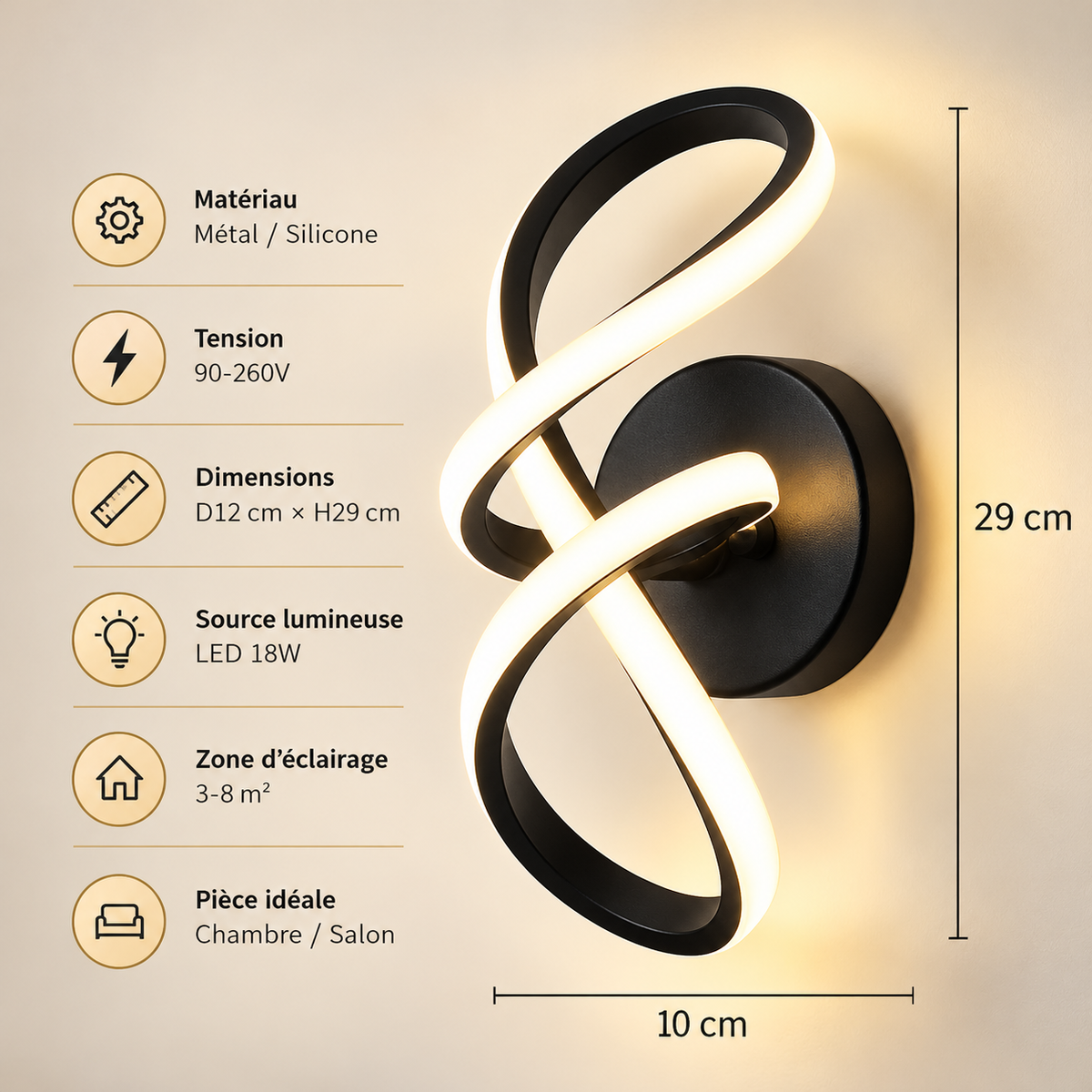 Lampe de Chevet Murale LED Ruban Design - LoftWall | Cocon de Lune - Dimensions et caractéristiques