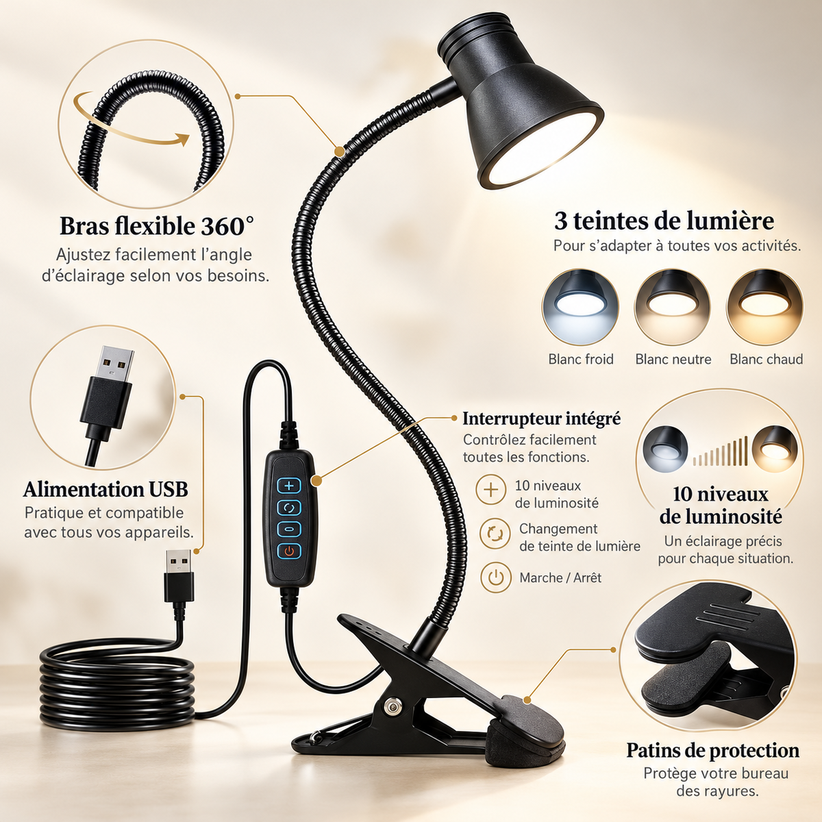 Lampe de Chevet Pince USB 3 Teintes - Petit Ancrage | Cocon de Lune - Col flexible, interrupteur et alimentation USB