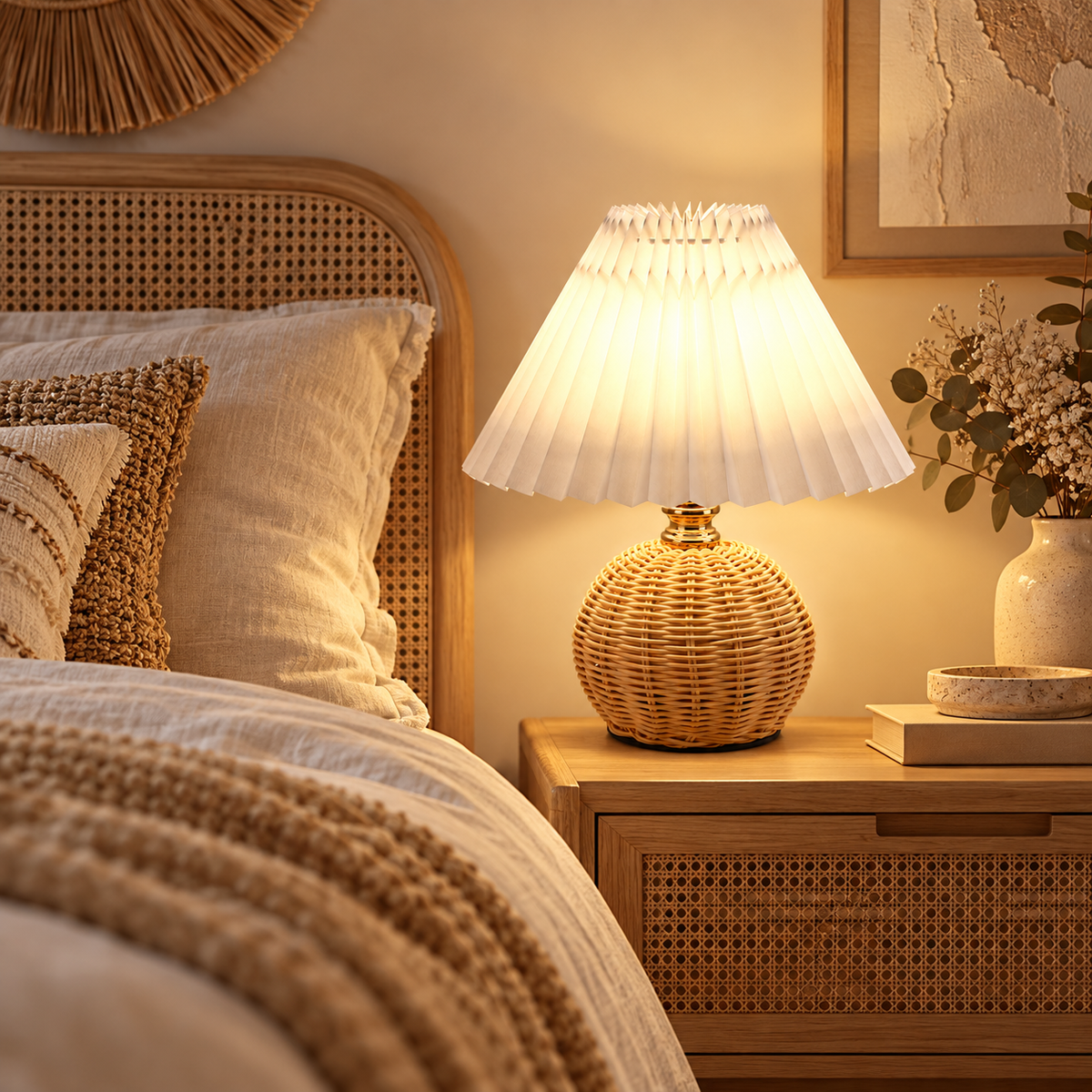 Lampe de Chevet Rotin Abat-jour Plissé - Panier de Lune | Cocon de Lune - sur une table de nuit