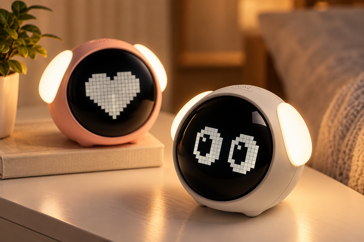 Veilleuses réveil Emoji Rose et Blanc affichant un cœur et des yeux en pixels, lumières latérales allumées | Cocon de Lune