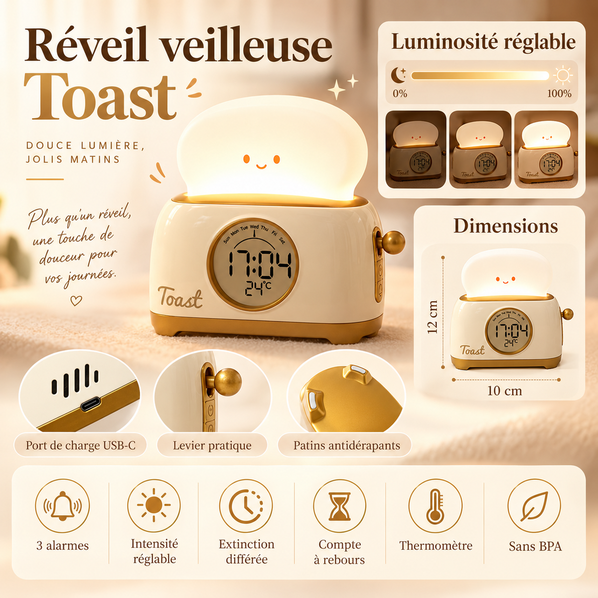 Veilleuse Réveil Grille-Pain - LumiDouce | Cocon de Lune - Fonctions et luminosité réglable