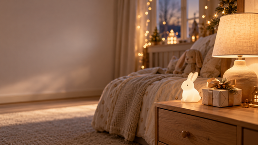 Chambre d'enfant décorée pour Noël avec une veilleuse lapin lumineuse, une lampe de chevet et un cadeau emballé | Cocon de Lune