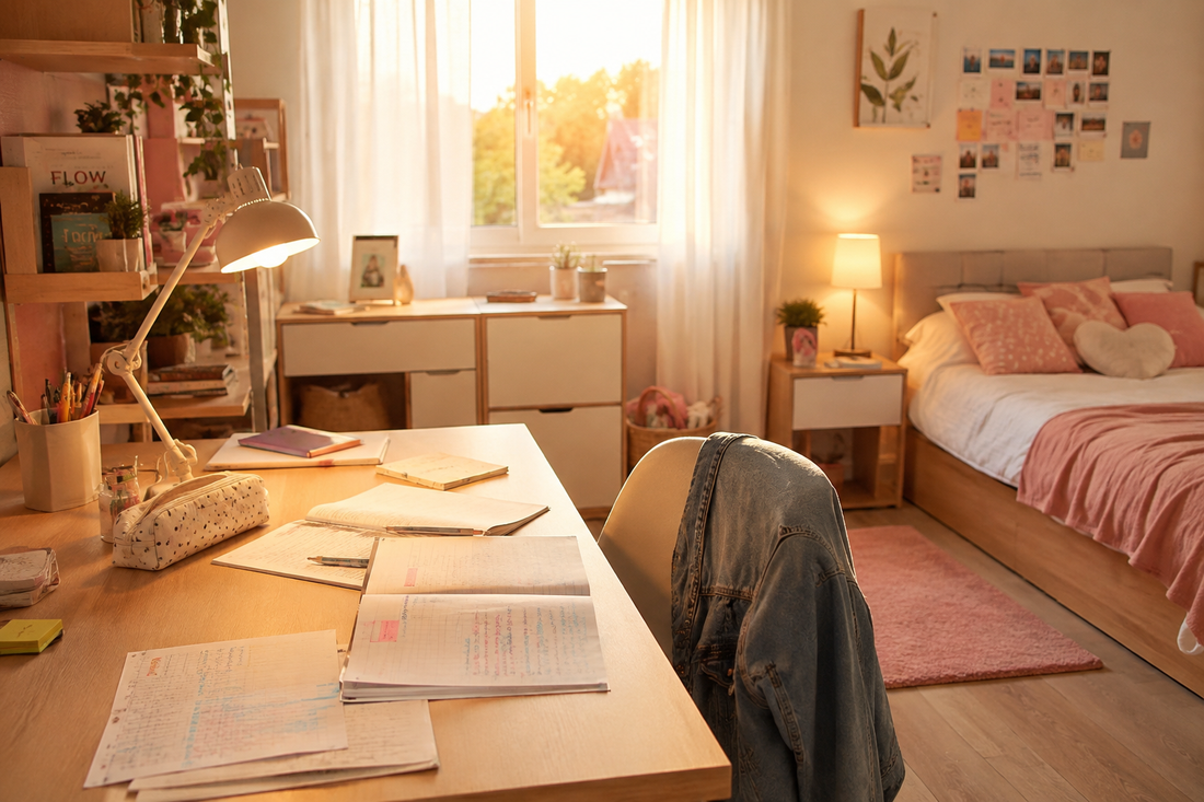 Chambre d'ado fille avec bureau et lampe de chevet allumée | Cocon de Lune