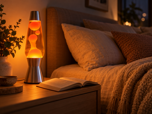 Lampe à lave orange allumée sur une table de nuit en bois dans une chambre cosy | Cocon de Lune