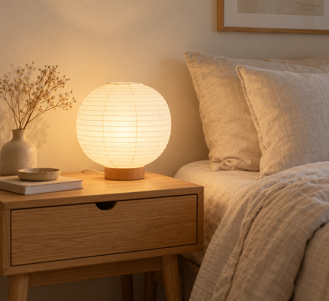Lampe de chevet blanche en papier de riz allumée en lumière chaude sur une table de nuit en bois clair | Cocon de Lune
