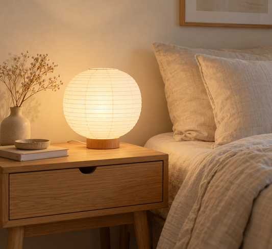 Lampe de chevet blanche en papier de riz allumée en lumière chaude sur une table de nuit en bois clair | Cocon de Lune