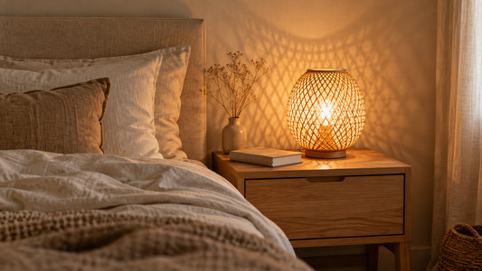 Lampe de chevet en rotin tressé allumée sur une table de nuit en bois clair | Cocon de Lune