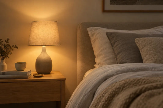 Lampe de chevet grise allumée en lumière chaude sur une table de nuit en chêne clair | Cocon de Lune
