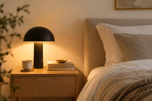 Lampe de chevet noire mate allumée en lumière chaude sur une table de nuit en chêne clair | Cocon de Lune