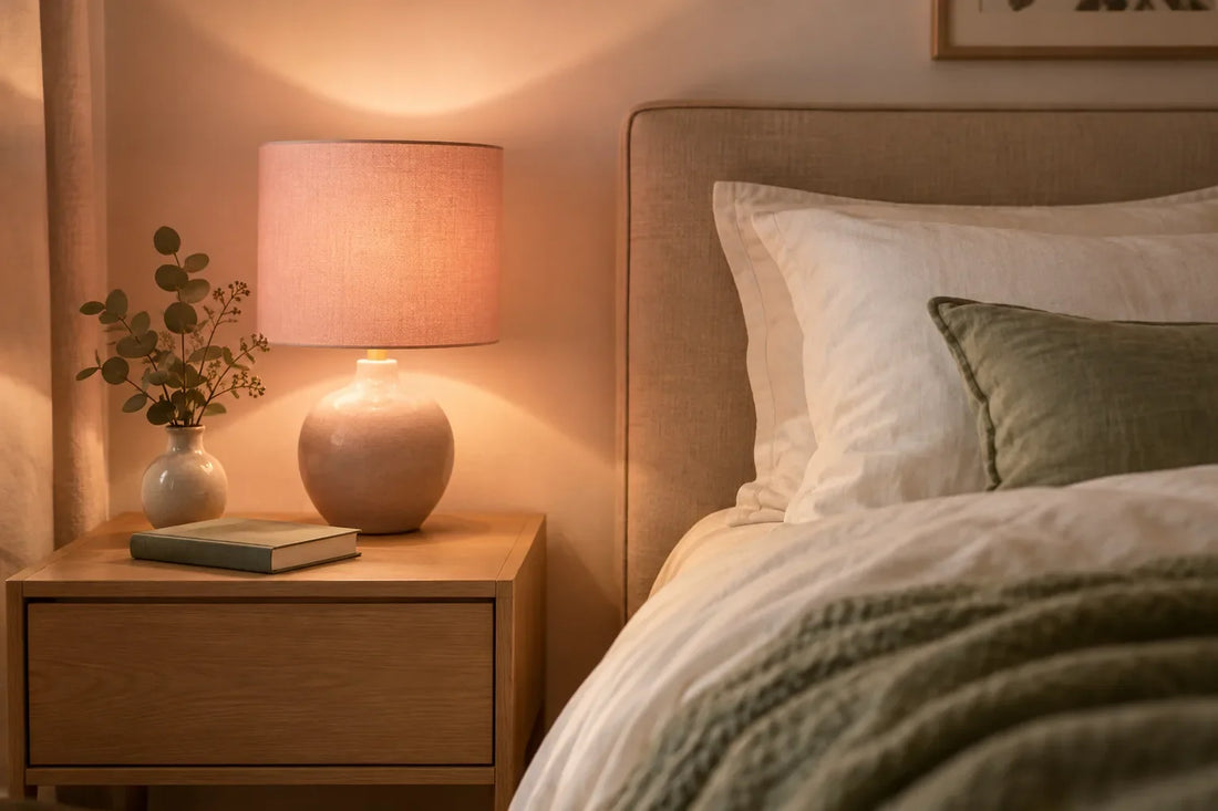 Lampe de chevet rose poudré allumée en lumière chaude sur une table de nuit en chêne clair | Cocon de Lune