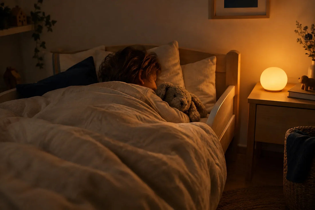 Enfant qui a peur du noir, blotti dans son lit et rassuré par une veilleuse à la lumière ambrée | Cocon de Lune