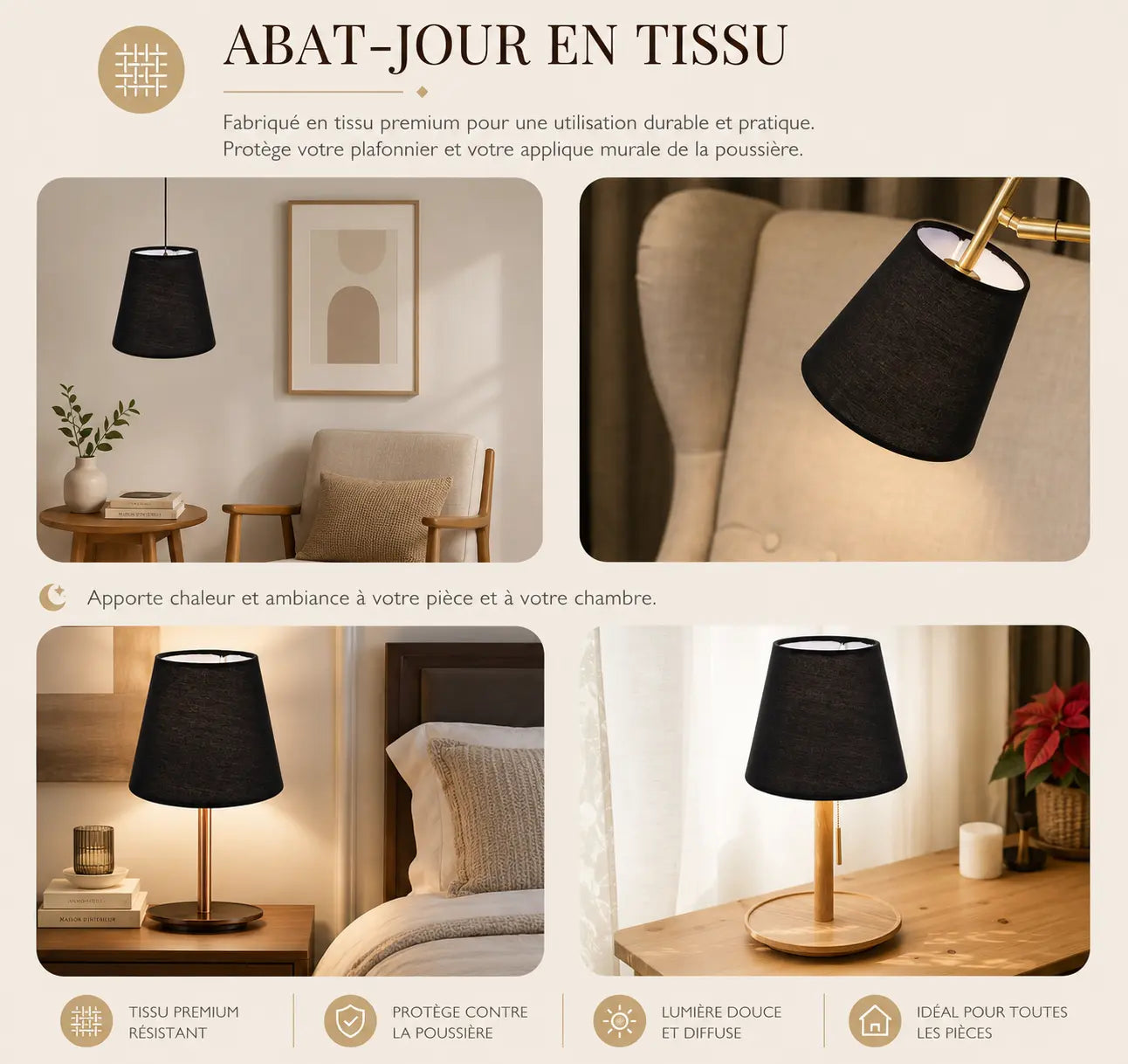 Abat-jour Conique en Tissu Noir - Ombra | Cocon de Lune