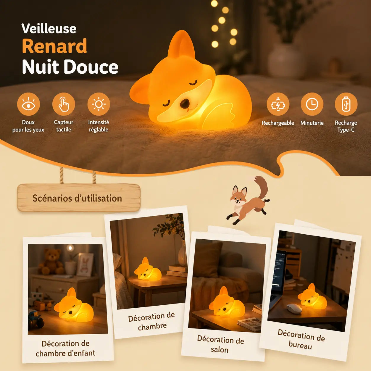Veilleuse Renard Silicone Tactile - Câlin | Cocon de Lune