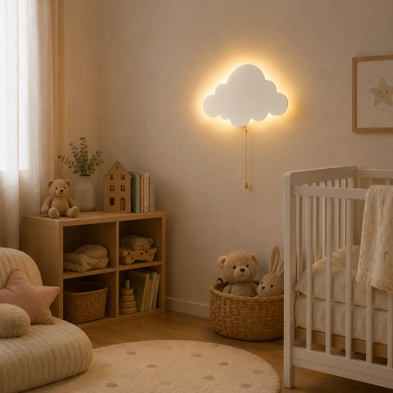 Cumulus - veilleuse murale nuage installée dans une chambre de bébé, au-dessus du lit à barreaux - Cocon de Lune