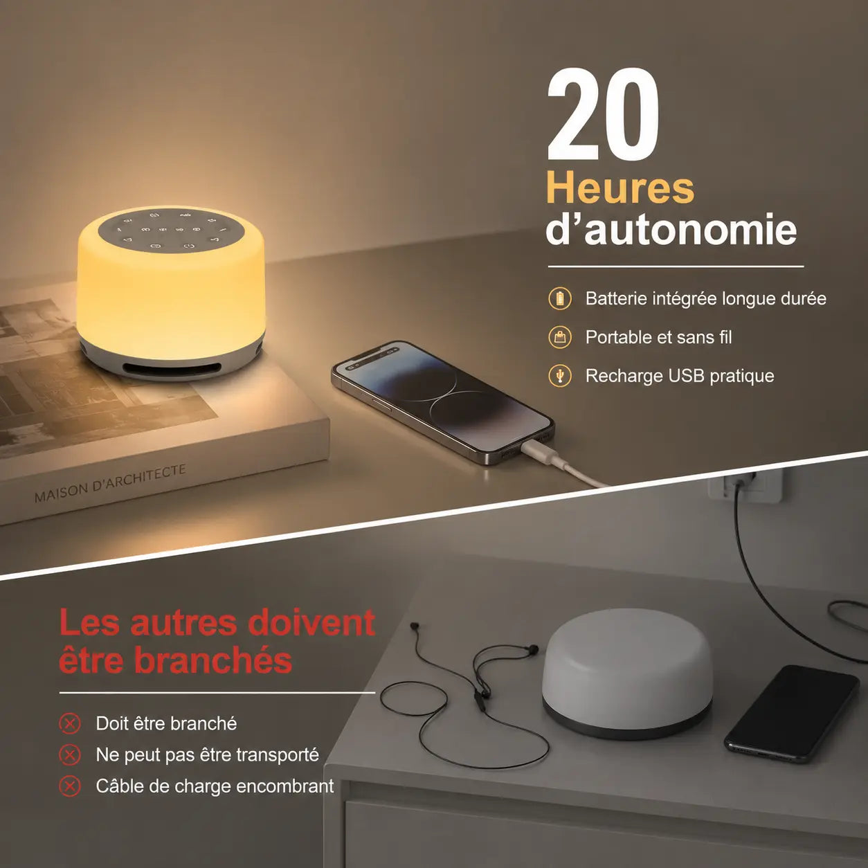 SoundDream - 20 heures d'autonomie, rechargeable par USB-C, contrairement aux appareils filaires - Cocon de Lune
