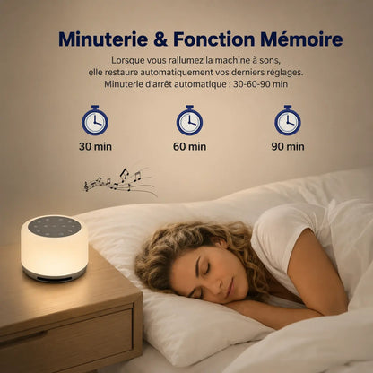 SoundDream - machine à sons posée sur une table de chevet, fonction minuterie et mémoire des réglages - Cocon de Lune
