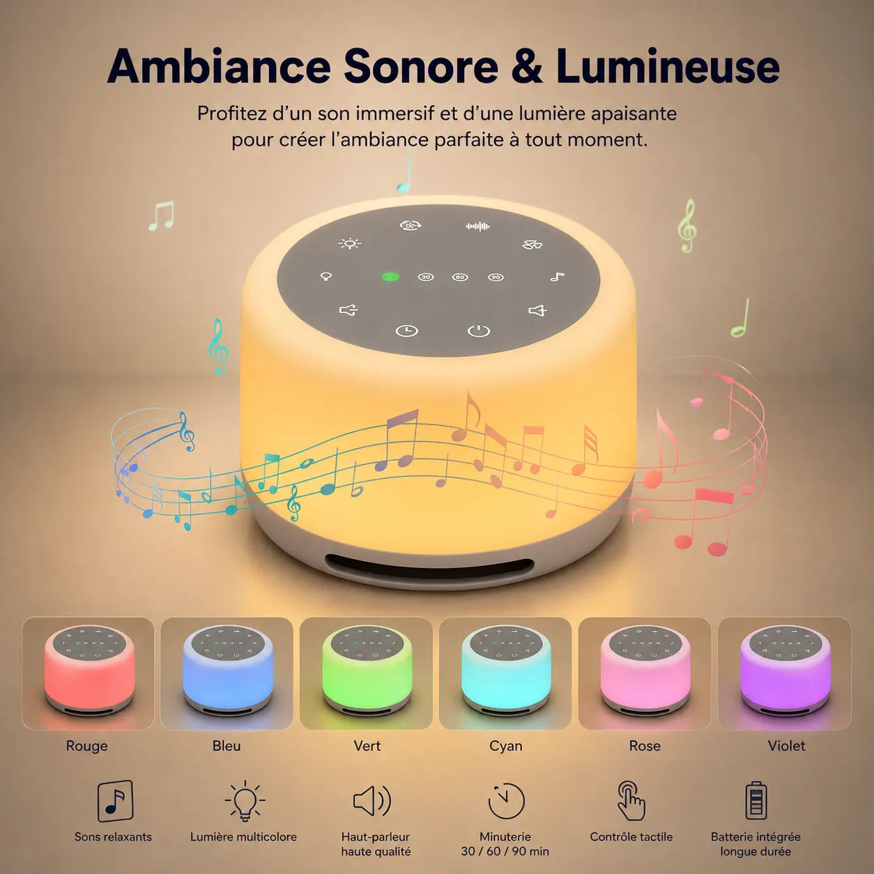 SoundDream - veilleuse RGB allumée, teintes de lumière disponibles : rouge, bleu, vert, cyan, rose, violet - Cocon de Lune