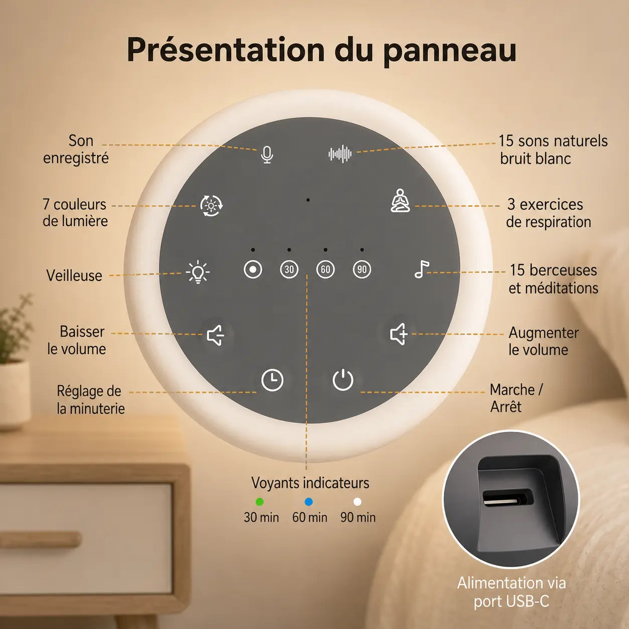 SoundDream - présentation du panneau de commande tactile : sons, couleurs, minuterie, volume, port USB-C - Cocon de Lune