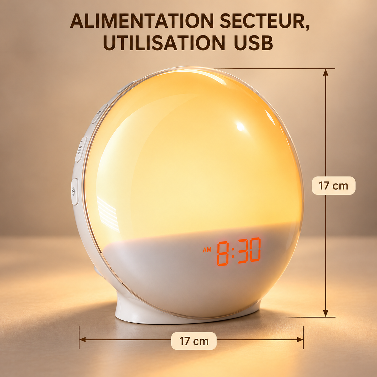 Dimensions du réveil lumineux Solstice et alimentation par câble USB | Cocon de Lune