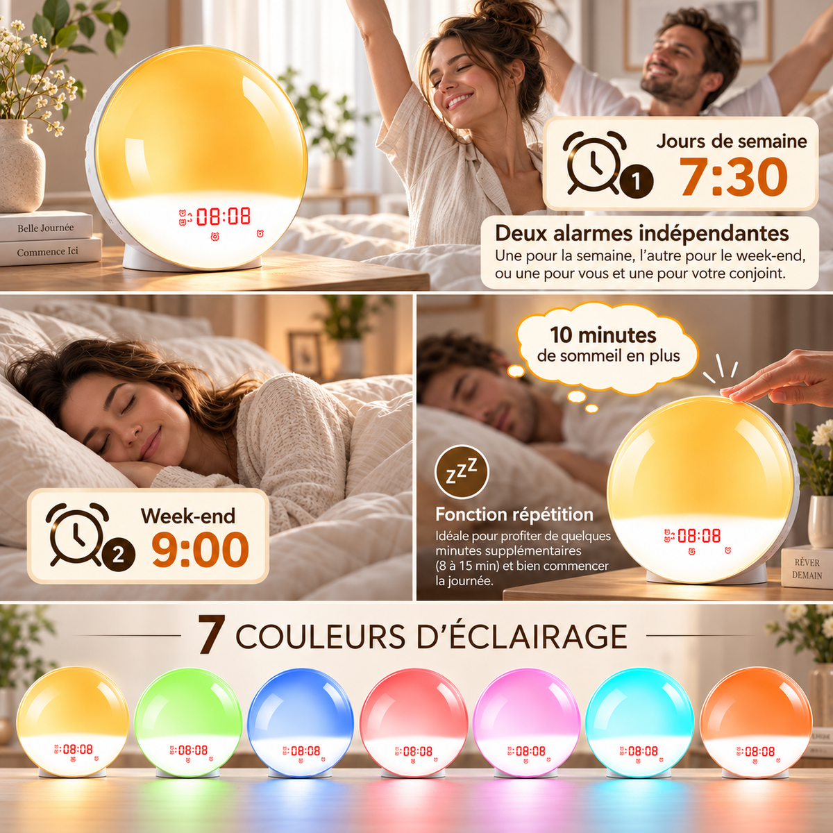 Double alarme semaine et week-end et 7 couleurs du réveil Solstice | Cocon de Lune