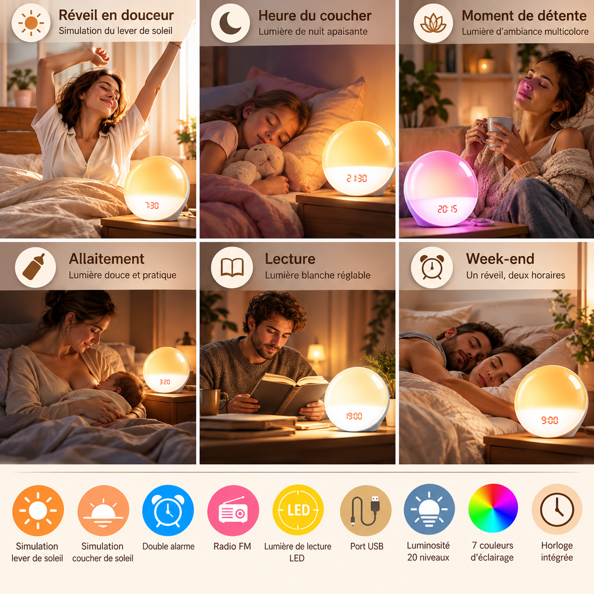 Les six usages du réveil Solstice : réveil, coucher, détente, allaitement, lecture, week-end | Cocon de Lune
