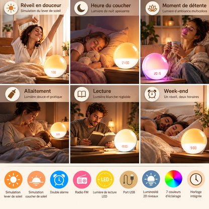 Les six usages du réveil Solstice : réveil, coucher, détente, allaitement, lecture, week-end | Cocon de Lune