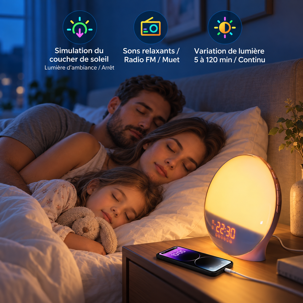 Simulation de coucher de soleil et sons relaxants du réveil Solstice | Cocon de Lune