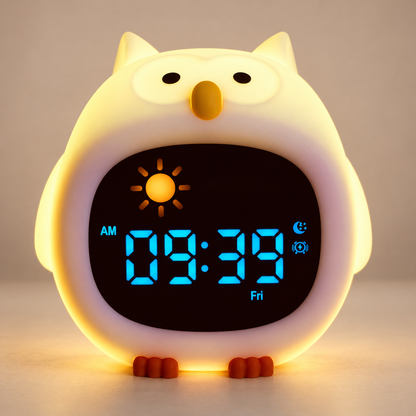 Réveil éducatif enfant Bonjour modèle Hibou, veilleuse en silicone avec icône soleil
