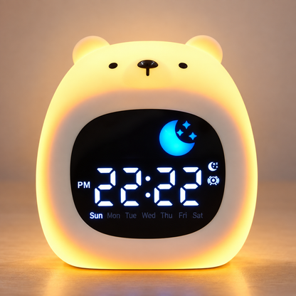Réveil éducatif enfant Bonjour modèle Ours, veilleuse en silicone avec icône lune