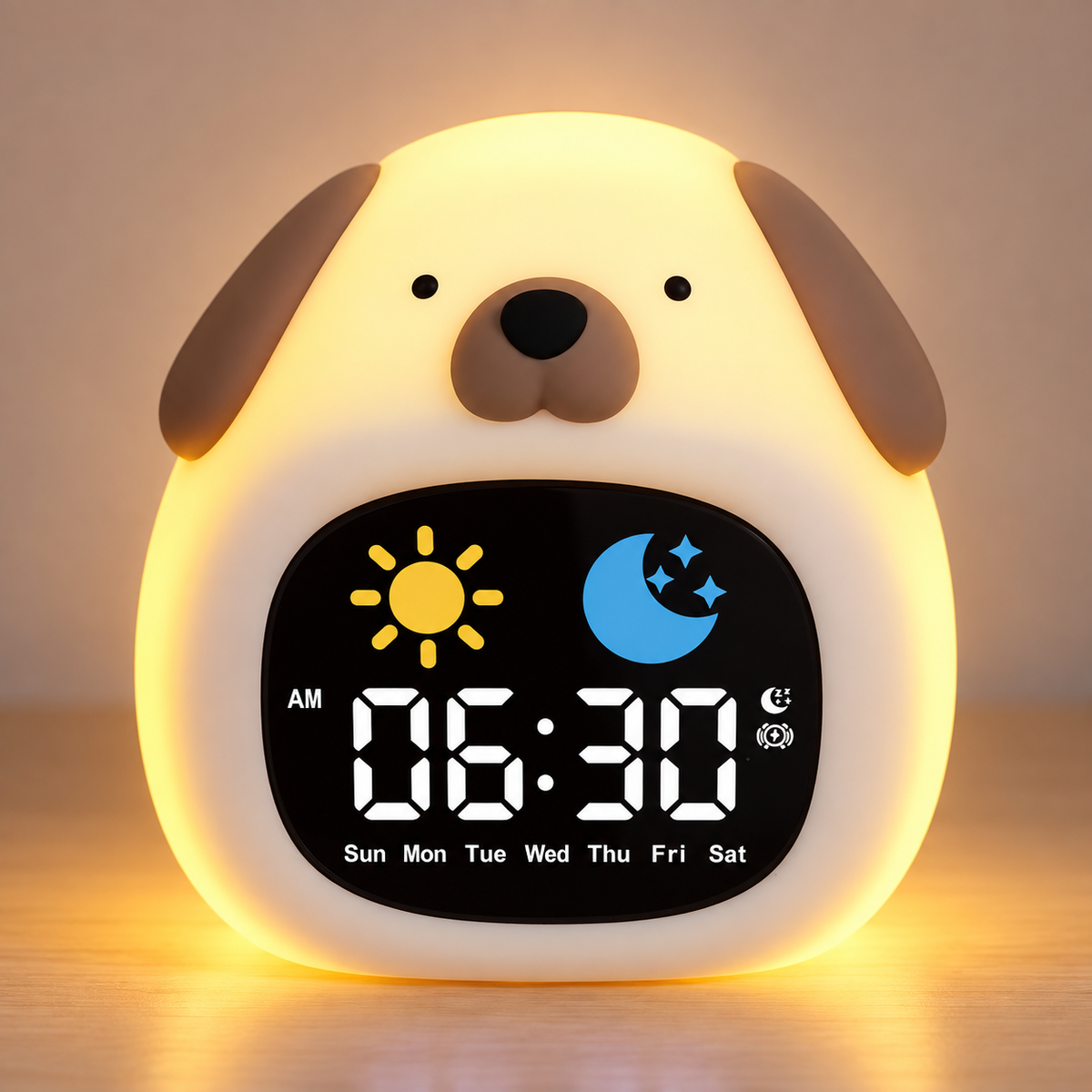 Réveil éducatif enfant Bonjour modèle Chien, veilleuse silicone allumée avec écran soleil et lune