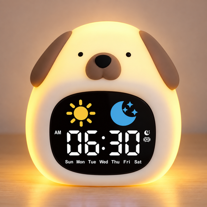 Réveil éducatif enfant Bonjour modèle Chien, veilleuse silicone allumée avec écran soleil et lune