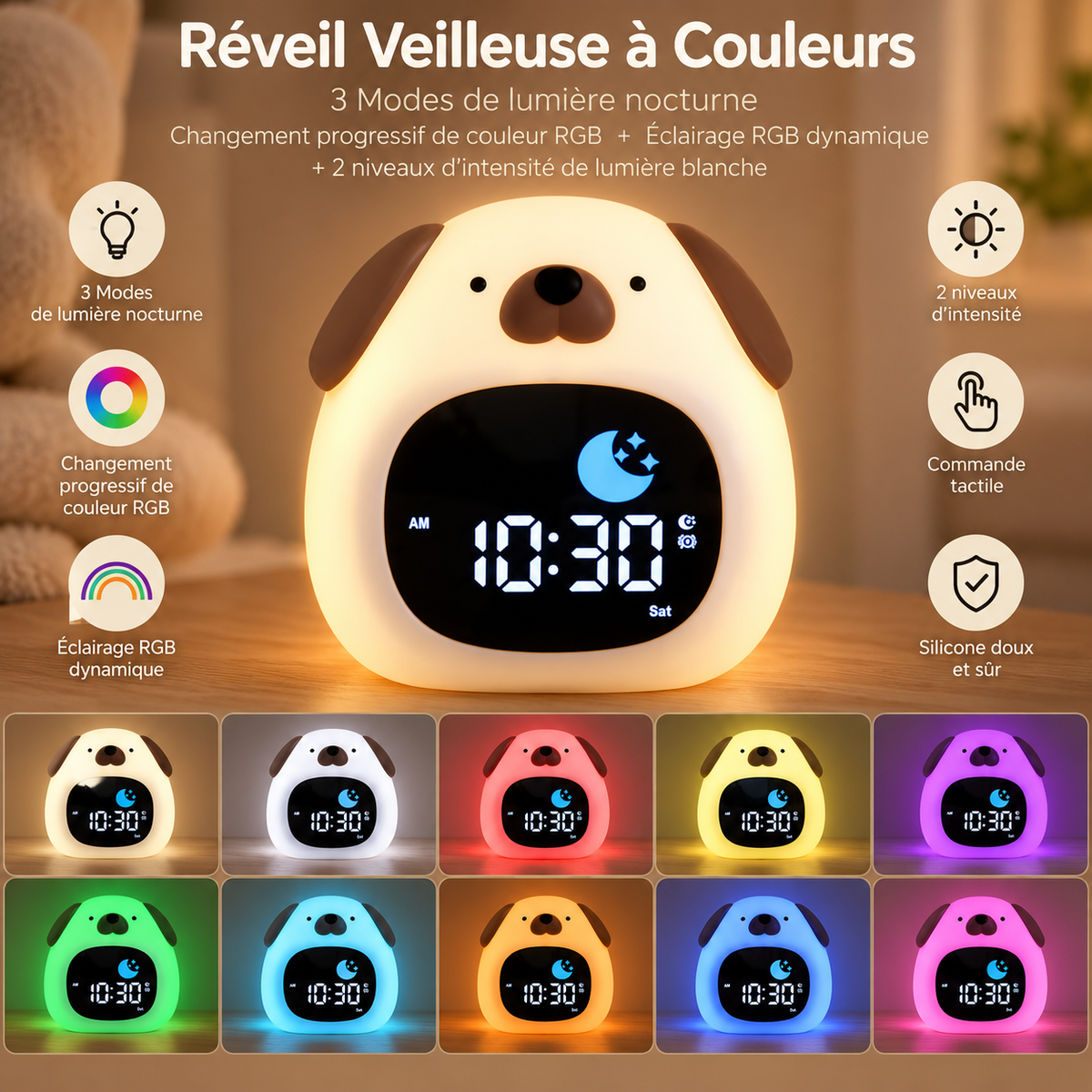 Les modes de veilleuse RGB du réveil Bonjour : dégradé de couleurs et lumière blanche