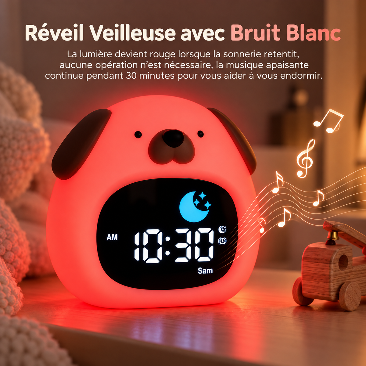 Réveil veilleuse Bonjour en lumière rouge à l'heure du coucher avec bruit blanc