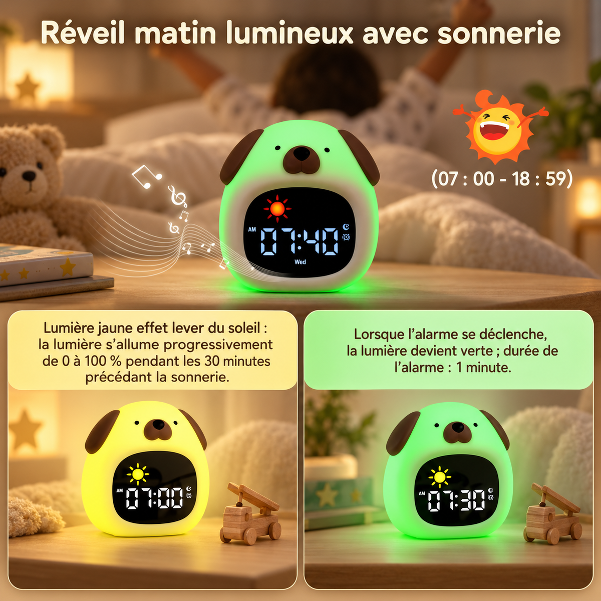 Simulation d'aube du réveil Bonjour : lumière jaune progressive puis verte à la sonnerie