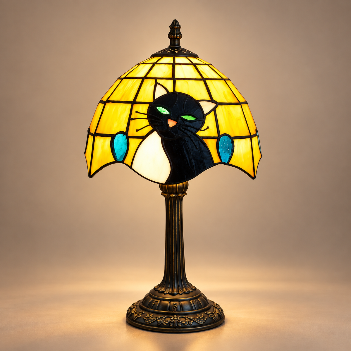 Lampe de Chevet Tiffany Chat - Mistigri | Cocon de Lune - Chat Bicolore