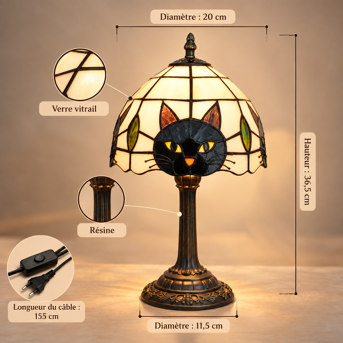 Lampe de Chevet Tiffany Chat - Mistigri | Cocon de Lune - Dimensions