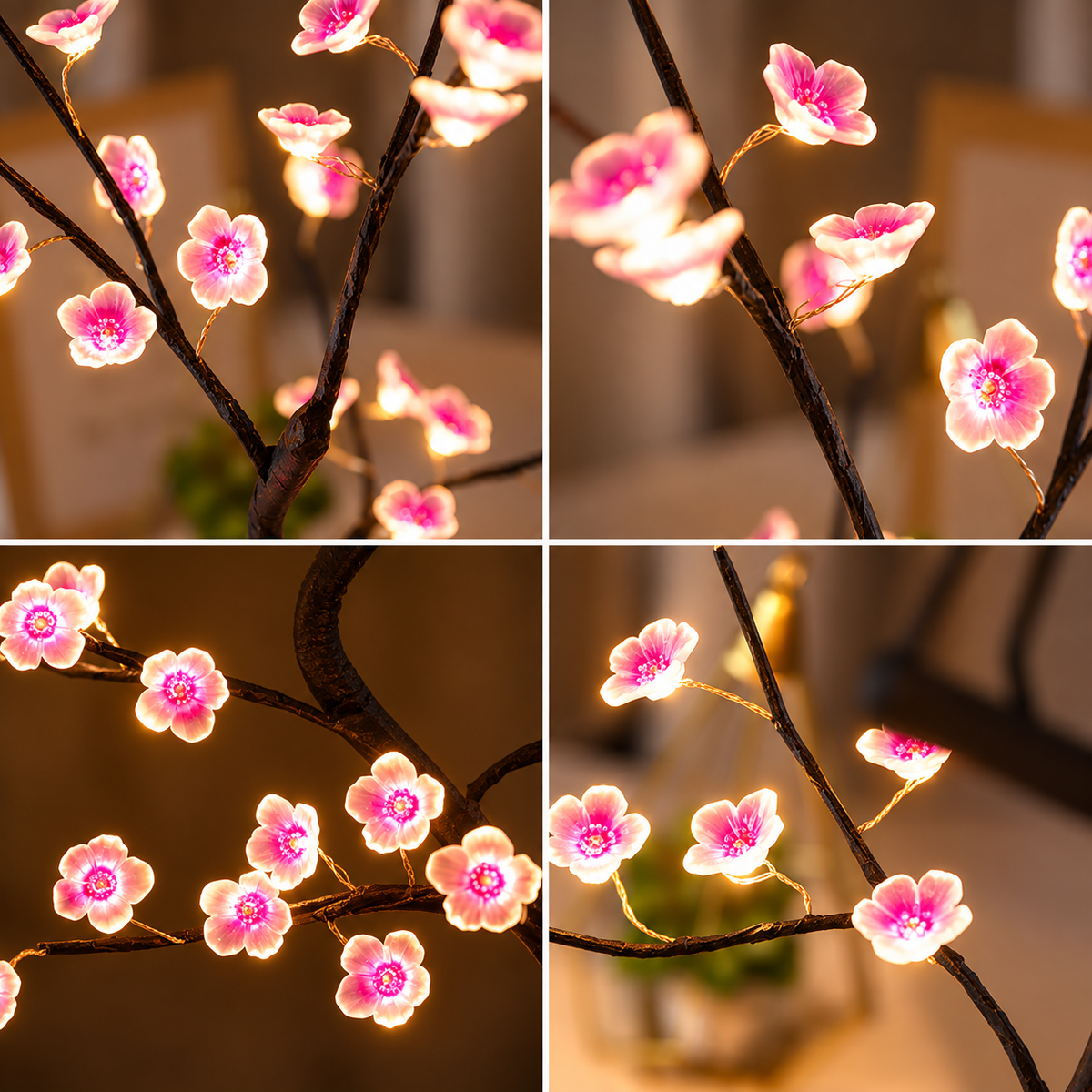 Lampe de Chevet Arbre Lumineux Bonsaï - Sylva, détails des branches et fleurs de cerisier LED | Cocon de Lune