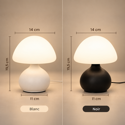 Dimensions de la lampe champignon Cèpe : 19,5 cm de haut, dôme de 14 cm, en blanc et noir | Cocon de Lune