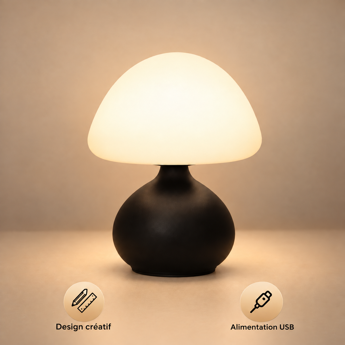 Lampe champignon Cèpe noire au design arrondi, alimentation USB | Cocon de Lune