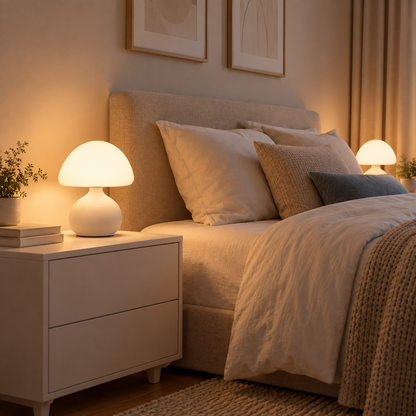 Deux lampes champignon Cèpe blanches de part et d'autre d'un lit, lumière chaude | Cocon de Lune