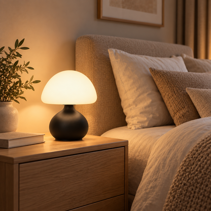 Lampe champignon Cèpe noire allumée sur une table de nuit en bois, chambre cosy | Cocon de Lune