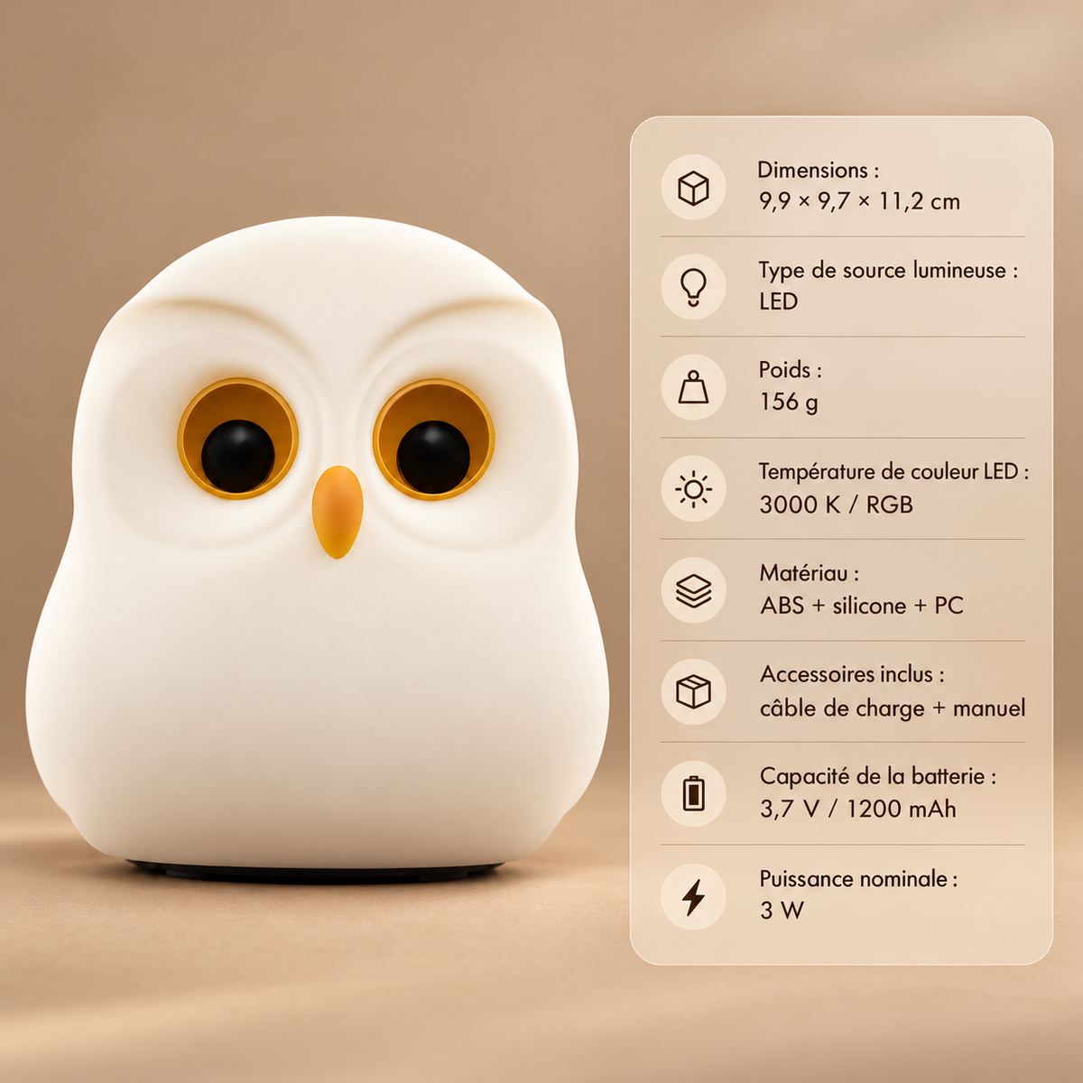 Veilleuse Hibou Tactile Silicone - CalmMoon | Cocon de Lune