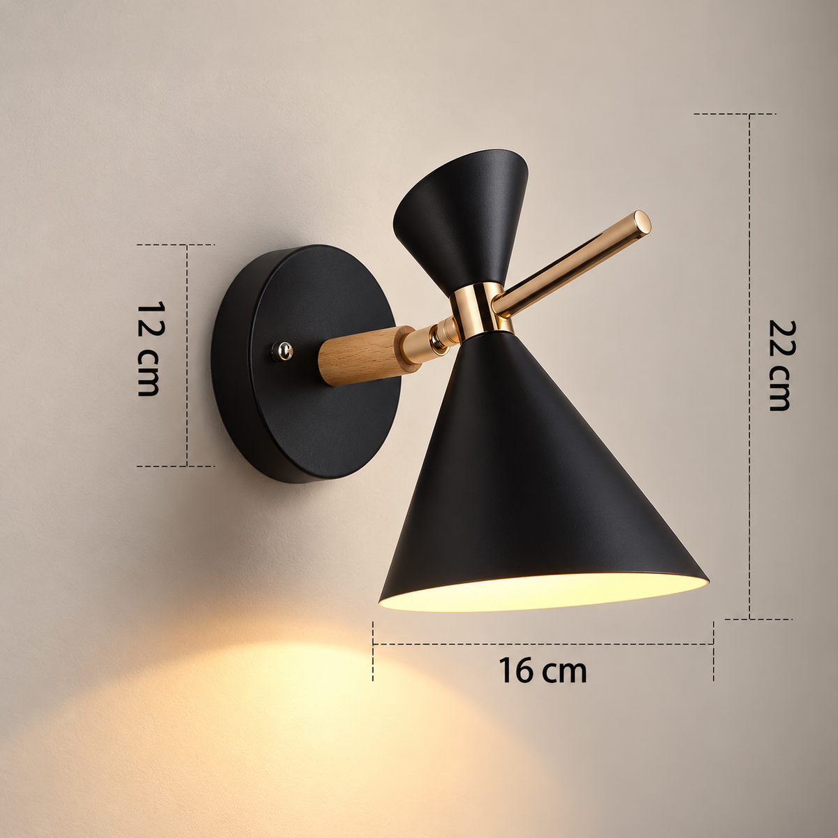 Lampe de chevet murale LumiWall modèle Diabolo noir, applique compacte 22 cm