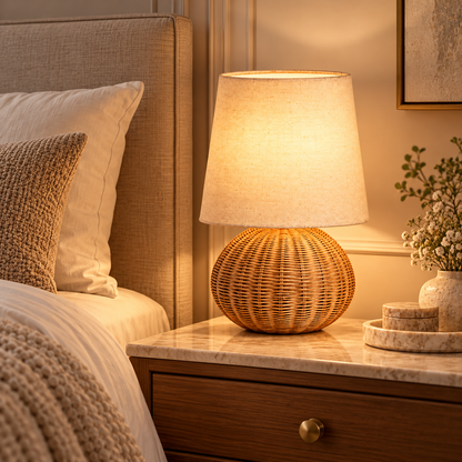 Grande Lampe de Chevet en Rotin Tressé - Tissage Élégant | Cocon de Lune - modèle Boule sur une table de nuit