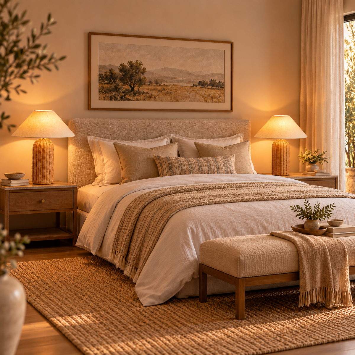 Grande Lampe de Chevet en Rotin Tressé - Tissage Élégant | Cocon de Lune - paire de lampes Colonne dans une chambre