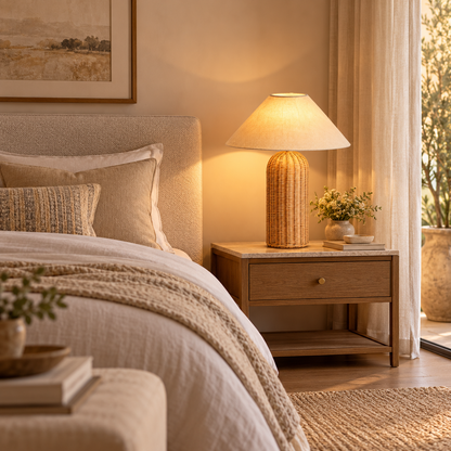 Grande Lampe de Chevet en Rotin Tressé - Tissage Élégant | Cocon de Lune - modèle Colonne sur une table de nuit